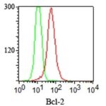 Staining with mouse monoclonal Bcl-2 [Clone 100/D5] antibody in formalin-fixed paraffin-embedded Jurkat cells. Staining is intercellular (red) with isotype control (green).